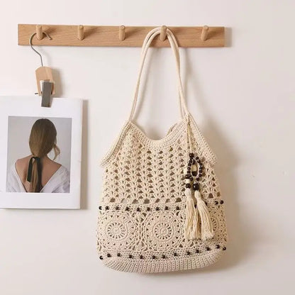Crochet Tote Bag, White Openwork Knit Purse, Bead Fringe Charm, Adjustable Long Straps, Boho Beach Bag, Summer Market Tote, W