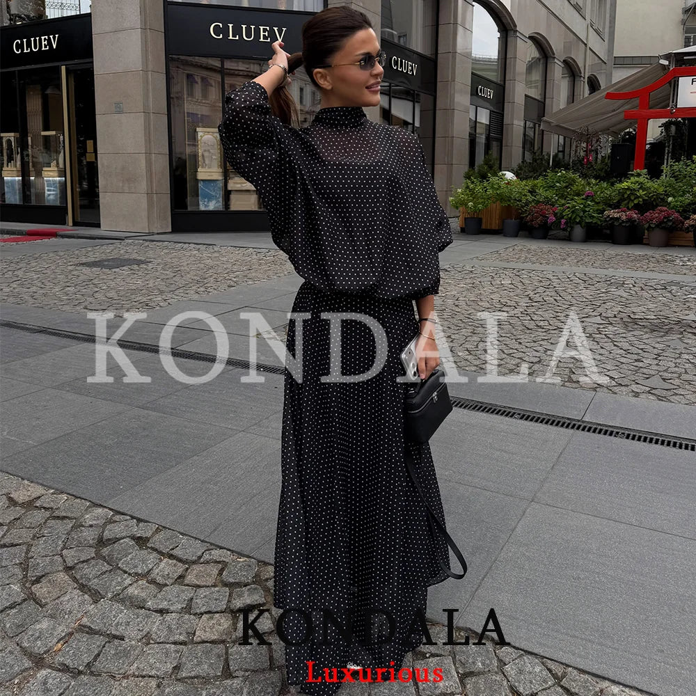 KONDALA Vintage Polka Dot Women Sets Chiffon Bow Tie Loose Blouses Loose Long Skirts Fashion 2026 Spring Summer Holiday Suits