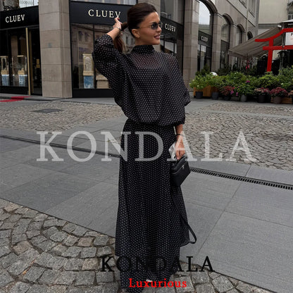 KONDALA Vintage Polka Dot Women Sets Chiffon Bow Tie Loose Blouses Loose Long Skirts Fashion 2026 Spring Summer Holiday Suits