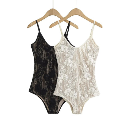 Sexy See Through Lace With Lining Backless Spaghetti Strap Bodysuit Woman Sling Tight Short Jumpsuit Slim Fit Rompers Playsui