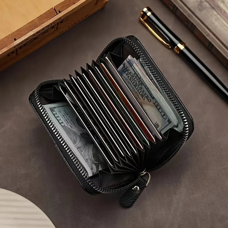 ​​Vintage PU Leather Slim Wallet - Zipper RFID Blocking 11-Slot Card Holder, Retro Style Gift for Men & Women, Classic Design