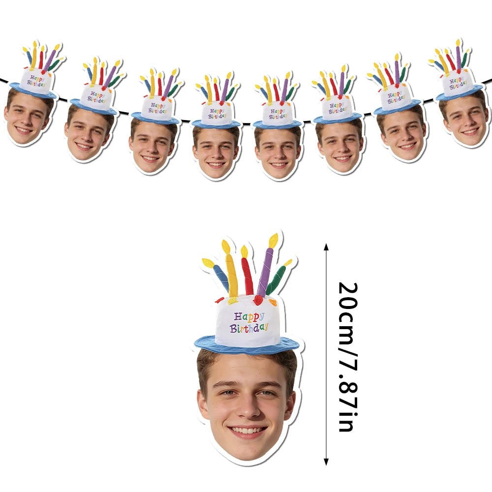 Custom Birthday Photo Banner Personalized Birthday Hat Pattern Bunting Banner for Happy Birthday Party Favors Birthday Banner