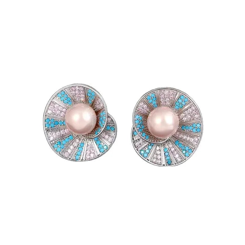 Vintage Elegant Blue Crystal Shell Pearl Conch Shape Stud Earrings for Women Fashion Simple Geometry Round Jewelry Party Gift