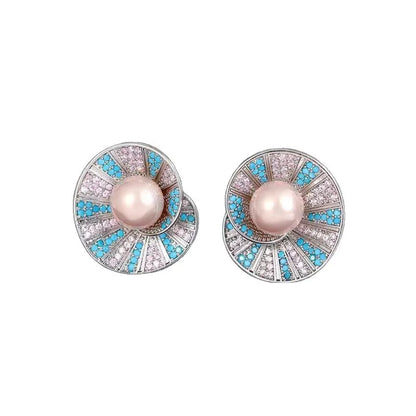 Vintage Elegant Blue Crystal Shell Pearl Conch Shape Stud Earrings for Women Fashion Simple Geometry Round Jewelry Party Gift