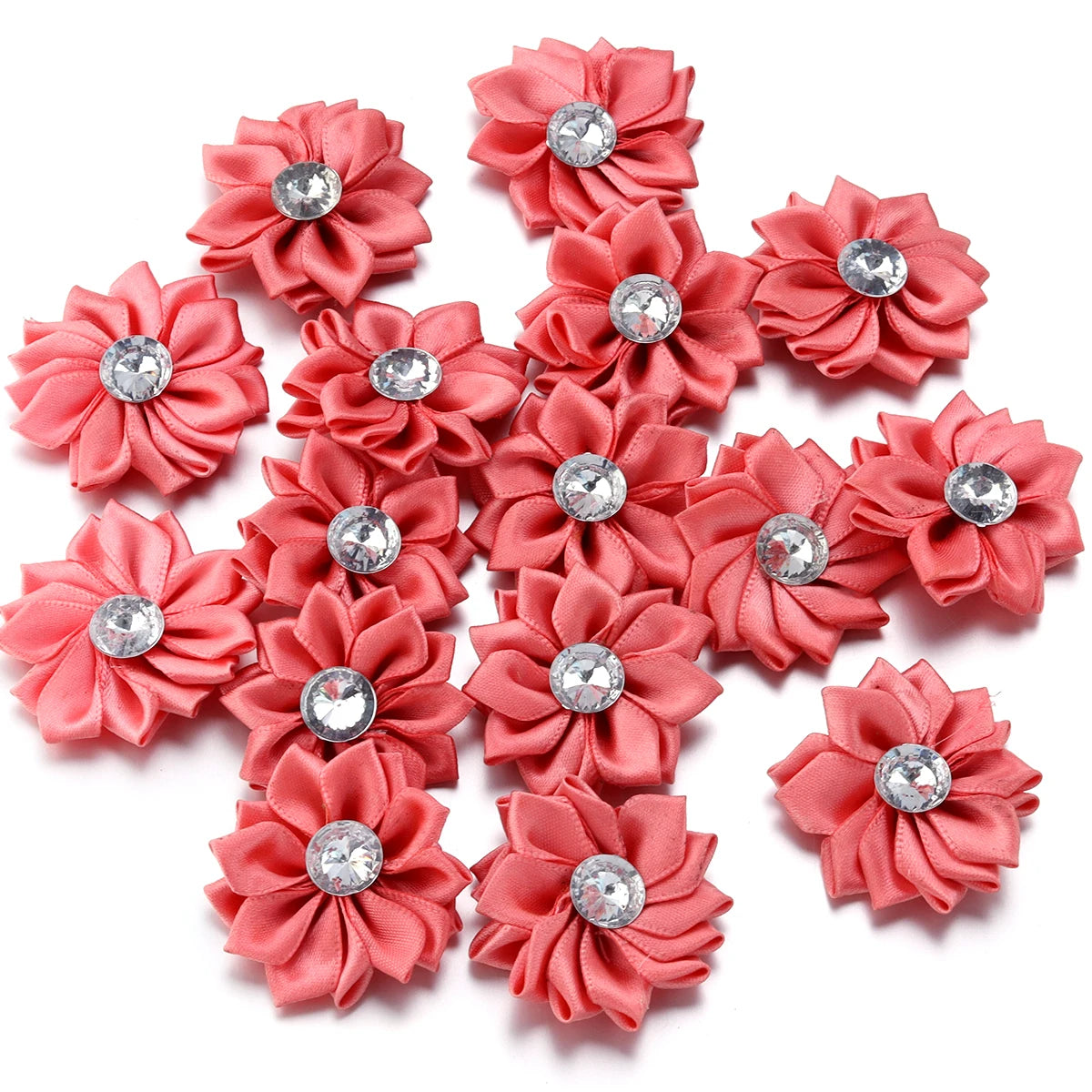 20pcs/lot 40mm Mini Inlaid Rhinestones Small Handmade DIY Satin Ribbon Flowers Head Decorate Clothing Supplies Accessories - 