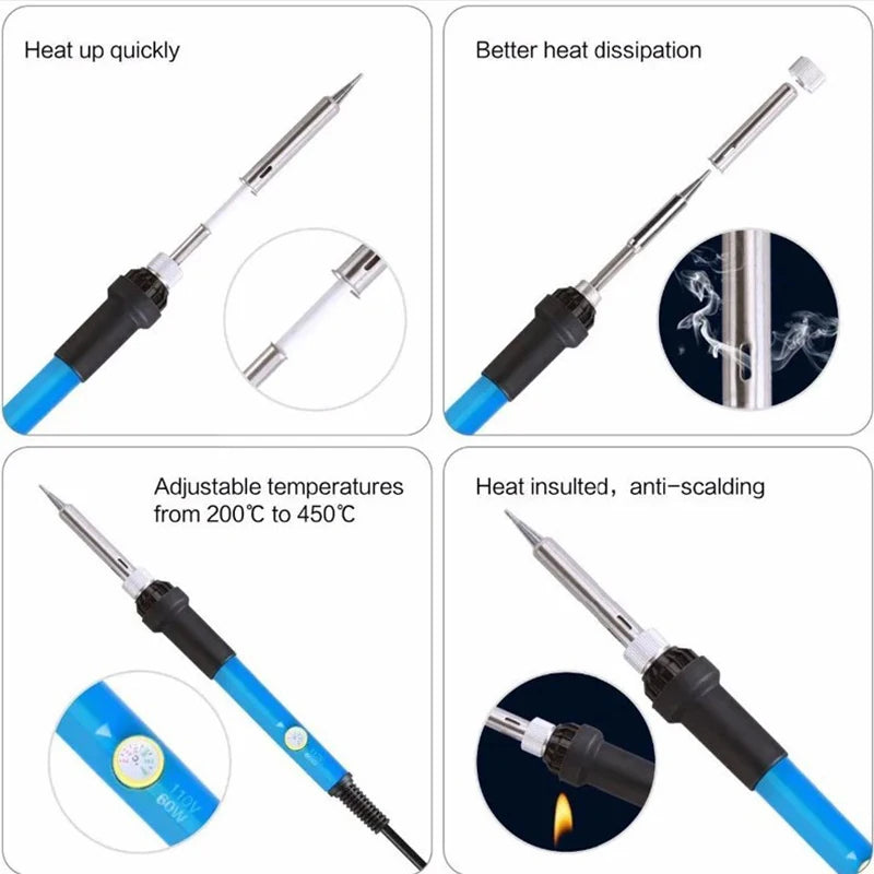 60W Adjustable Temperature Electric Soldering Iron Welding Iron Rework Station Heat Pen Tips DIY Repair Tool