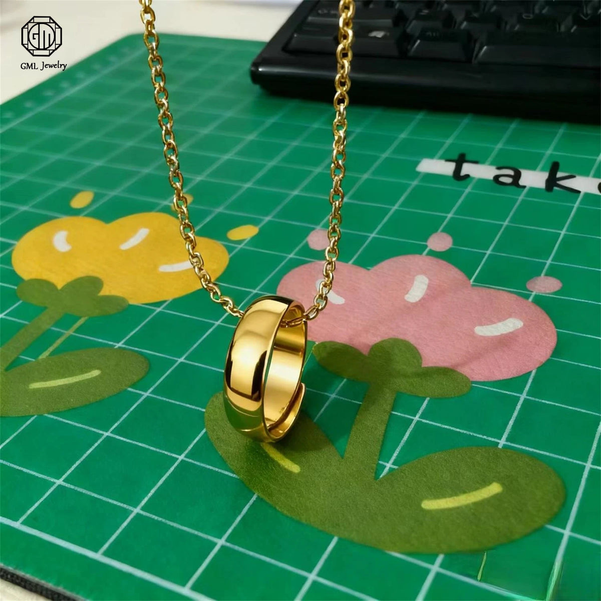 Sand Gold Adjustable Ring Matte Wide Band Openable Fade Resistant Unisex Couple Jewelry Solid Minimalist Gift - Ring Necklace