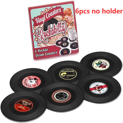 Set of 6 Vinyl Coasters for Drinks Music Coasters with Vinyl Record Player Holder Retro Record Disk Coaster Mug Pad Mat Creat