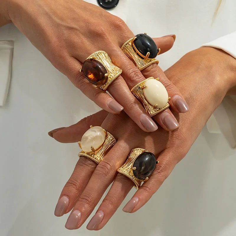 Vintage Chunky Metal Ring for Women Exaggerated Imitation Gemstone Geometric Metal Stripe Wide Surface Rings Jewelry Gifts