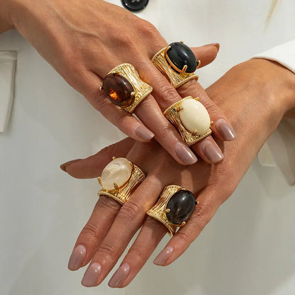 Vintage Chunky Metal Ring for Women Exaggerated Imitation Gemstone Geometric Metal Stripe Wide Surface Rings Jewelry Gifts