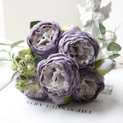 1pcs/30cm Rose Pink Silk Bouquet Peony Artificial Flower 5 Big Head 4 Small Bud Bride Wedding Home Decoration Artifi - 23