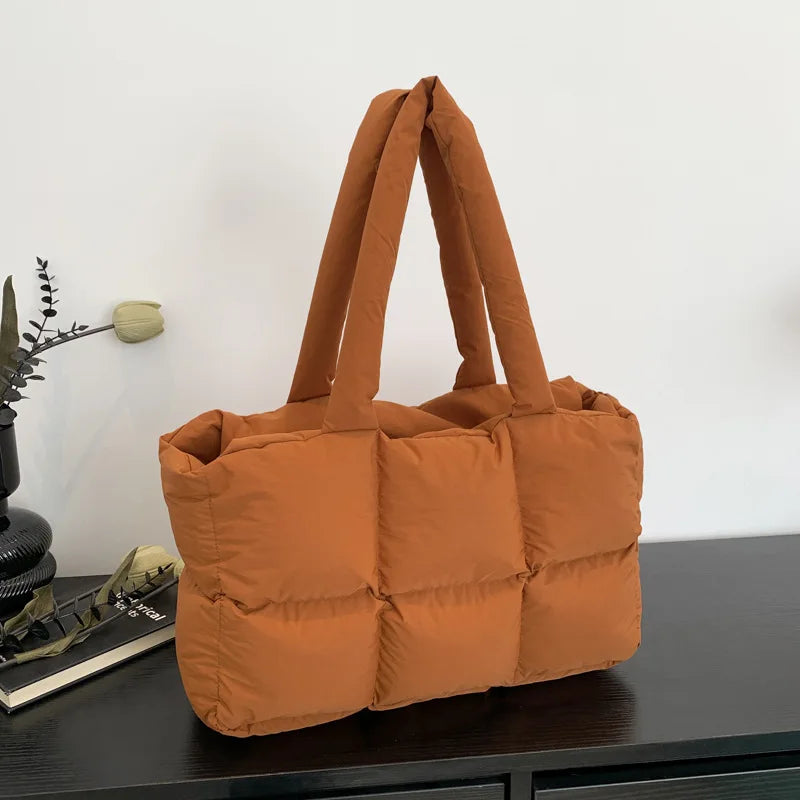 Women Tote Handbags Quilted Plaid Bag Retro Trendy Checkered Waterproof Shoulder Bag Solid Color Winter Soft Large Capacity B