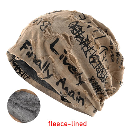 Letter Print Beanie Hats For Women Men Vintage Distressed Cracked Design ​Wasteland Style Spring Summer Warm Fleece-lined Win