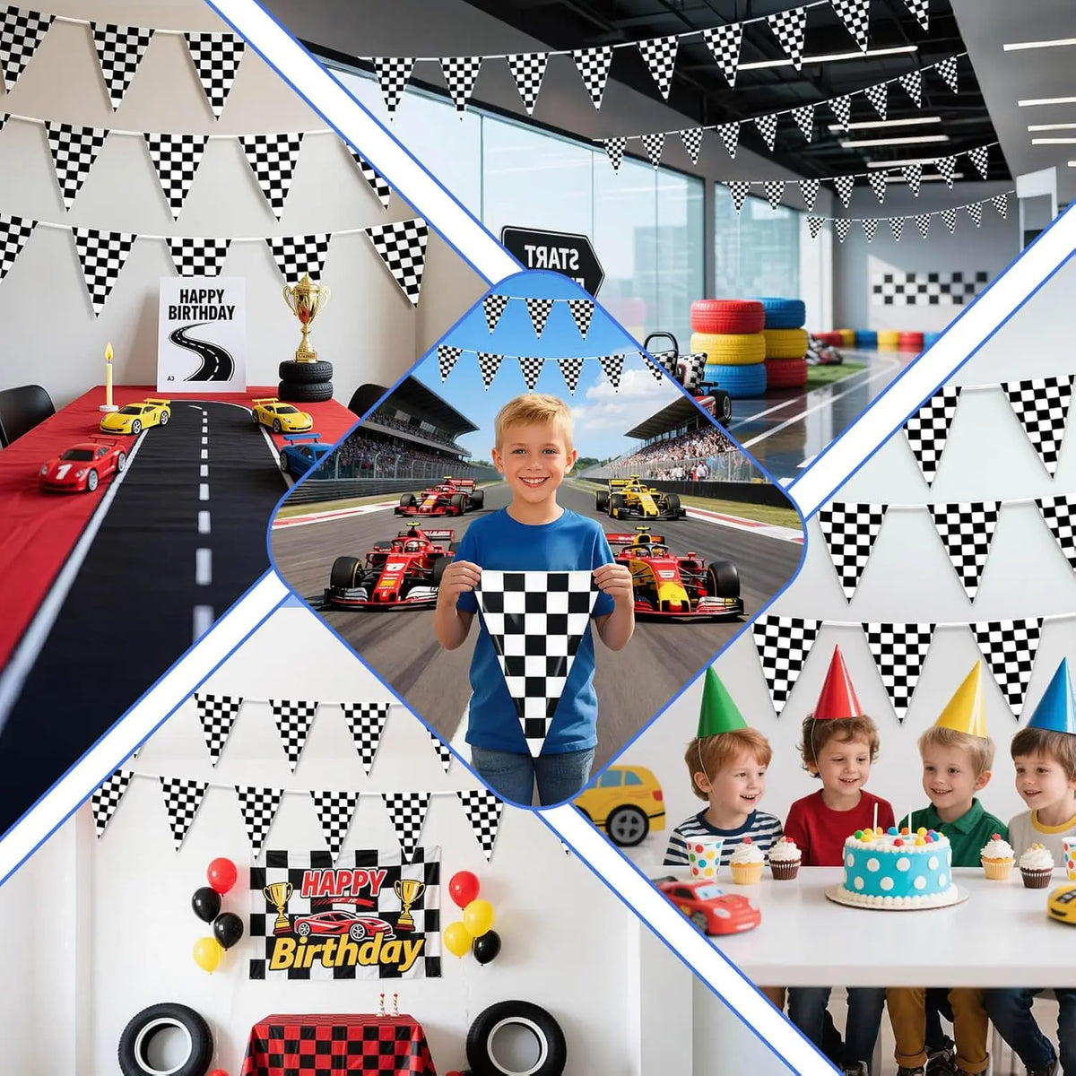 Racing Car Party Triangle Flag Banner Checkered Flag Pennant Banner for Racing Car Birthday Party Decoration Backdrop Decorat