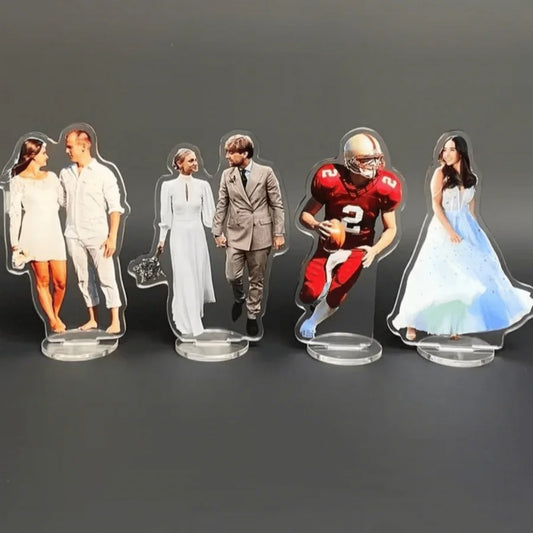 A custom acrylic desktop decoration with personalized photo options, including artistic images, couple portraits, and family 
