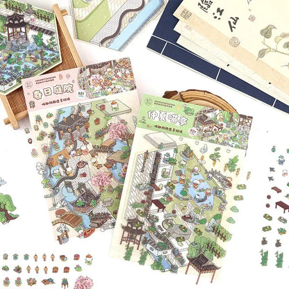 DIY Cartoon Cat Leisure Life in 4 Seasons Landscape Sticker 3D Pocket Cabin Scene Stacking Pasting Stickers Gift for Kid Chil
