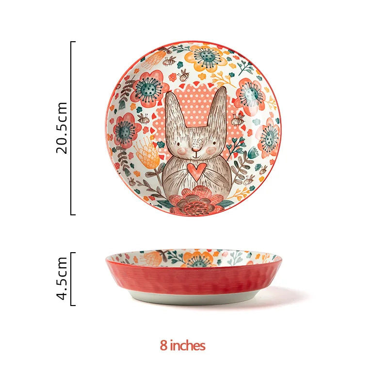 1pc/cute rabbit hand-painted bowl and plate underglaze ceramic household soup bowl commercial hotel noodle bowl fruit salad b