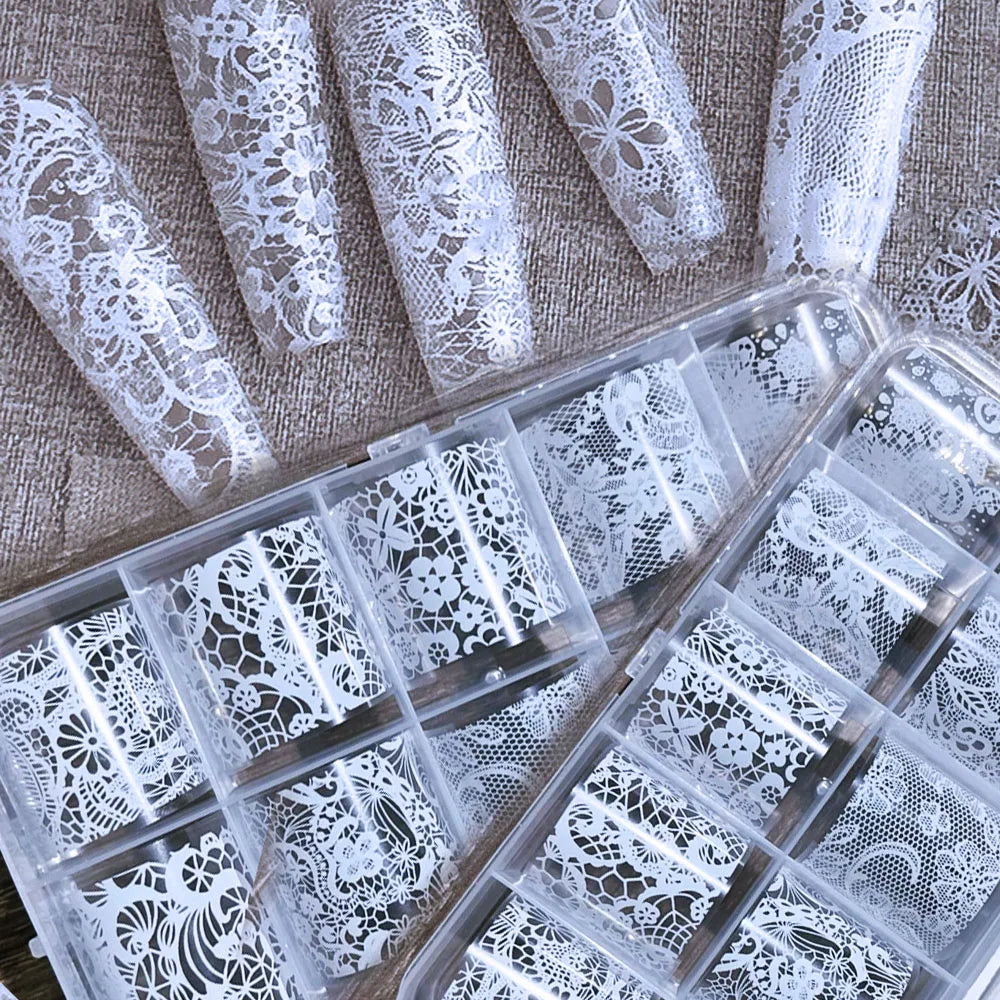 4X25cm-10rolls Sexy Black White Lace Nail Foils Untra-Thin White&Black Lace Flowers Nail Transfer Paper For Wedding Bride Dec