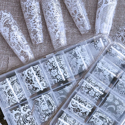 4X25cm-10rolls Sexy Black White Lace Nail Foils Untra-Thin White&Black Lace Flowers Nail Transfer Paper For Wedding Bride Dec