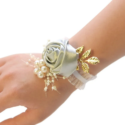 Bridesmaid Wrist Flowers Rose Corsage Pearl Polyester Ribbon Bracelet Wedding Accessories