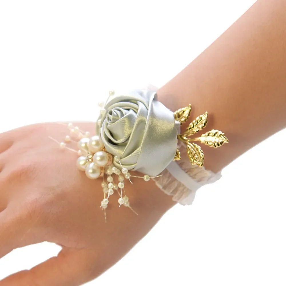 Bridesmaid Wrist Flowers Rose Corsage Pearl Polyester Ribbon Bracelet Wedding Accessories - light grey