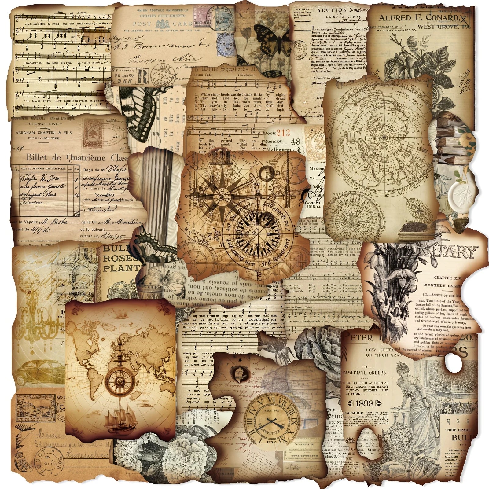 50 Pcs Vintage Burnt Stickers, Historical Creative Decorative Stickers for Scrapbook Junk Journal Collage DIY Crafts - 50PCS