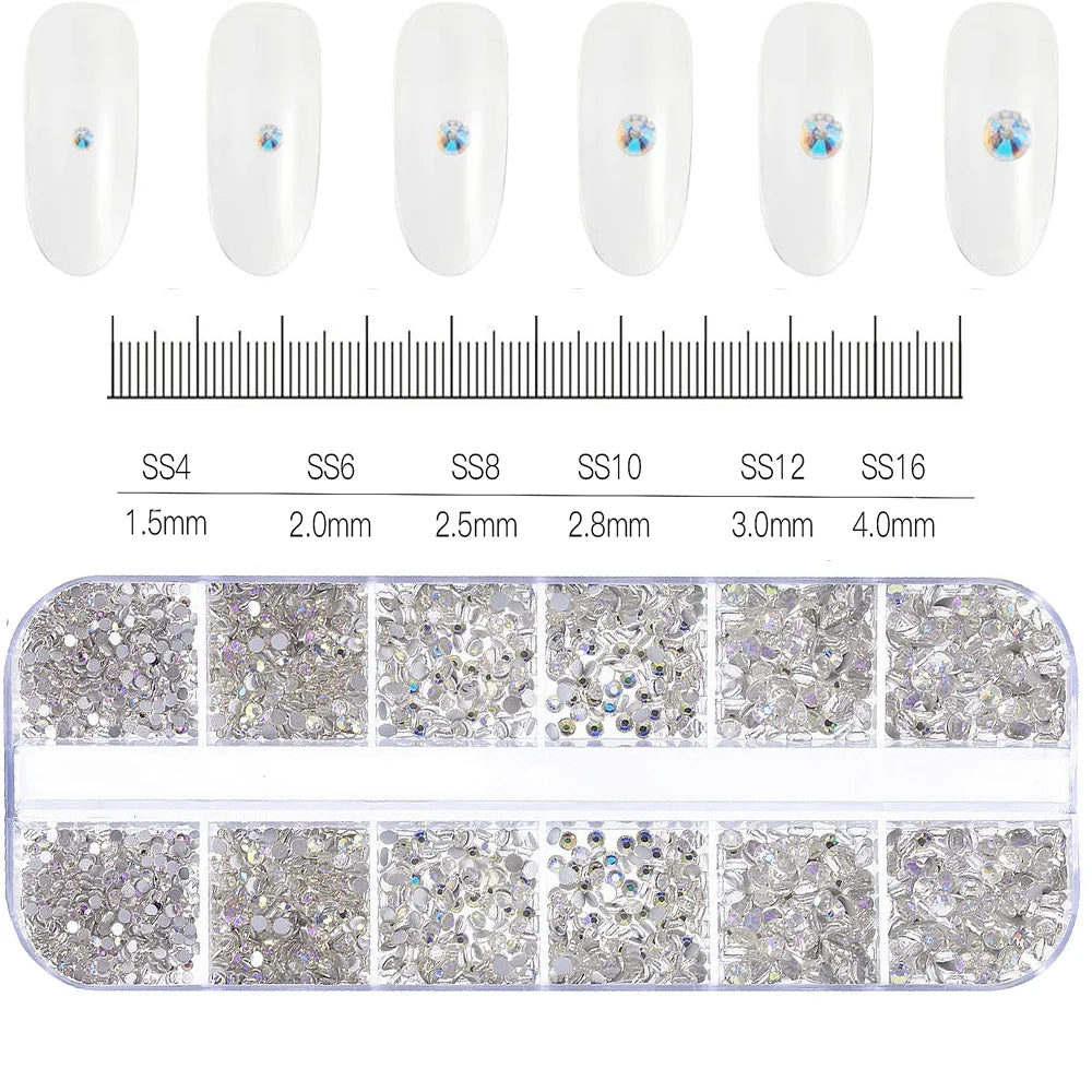 2400pcs+ Shiny Clear Crystal Gems Nail Rhinestones 1.5-4mm Mixed Round Glass Stone Flatback Nail Charms 12grids Nail Diamond 