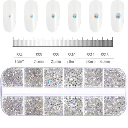 2400pcs+ Shiny Clear Crystal Gems Nail Rhinestones 1.5-4mm Mixed Round Glass Stone Flatback Nail Charms 12grids Nail Diamond 