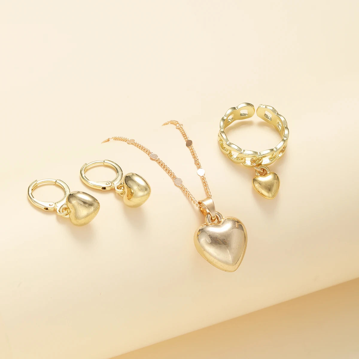 4Pcs/Set Vintage Love Heart Pendant Necklace Ring Hoop Earring for Women Simple Gold Color Smooth Jewelry Set Elegant Party G