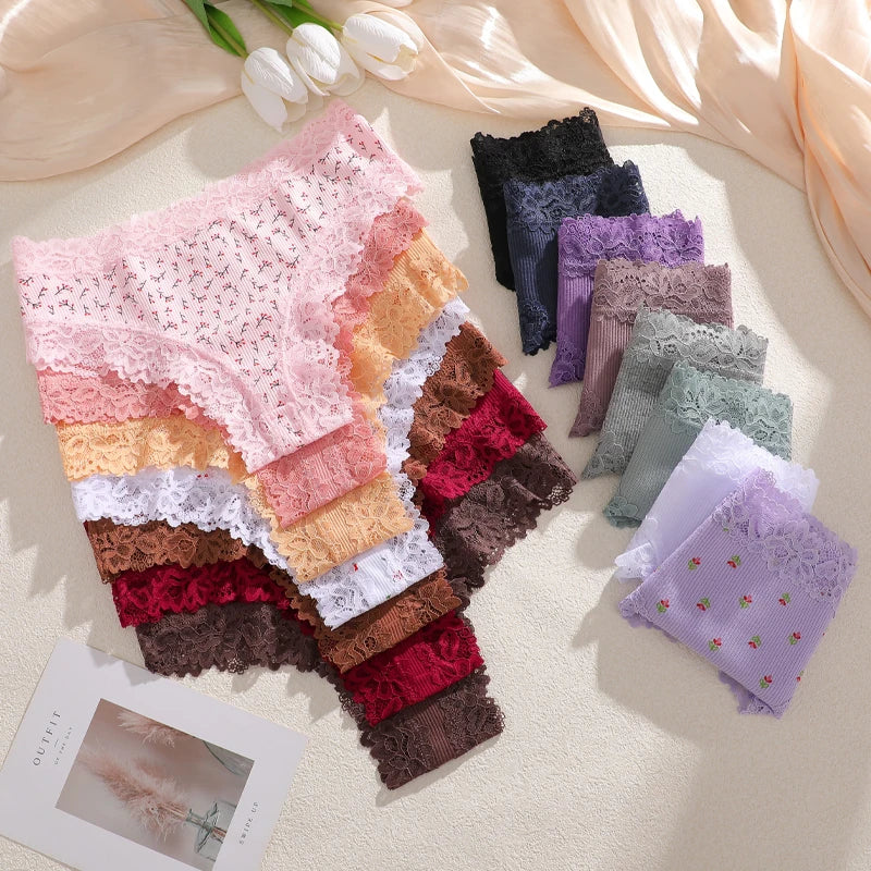 3Pcs Cotton Lace Patchwork Bikini Panties Women Seamless Floral Print Brazilian Pants Low Waist Breathable Female Sexy Linger