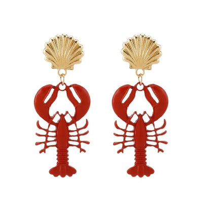 Creative Handmade Lobster Earrings Metal Stone Beaded Enamel Necklace Enamel Shells Stone Beaded Jewelry Beach