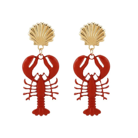 Creative Handmade Lobster Earrings Metal Stone Beaded Enamel Necklace Enamel Shells Stone Beaded Jewelry Beach