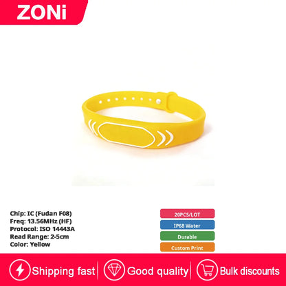 RFID IC ID Silicone Wristband Fudan F08 S50 M1 13.56MHz / TK4100 Chip 125KHz Waterproof Wrist Tag for Swimming & Foot Spa 20P