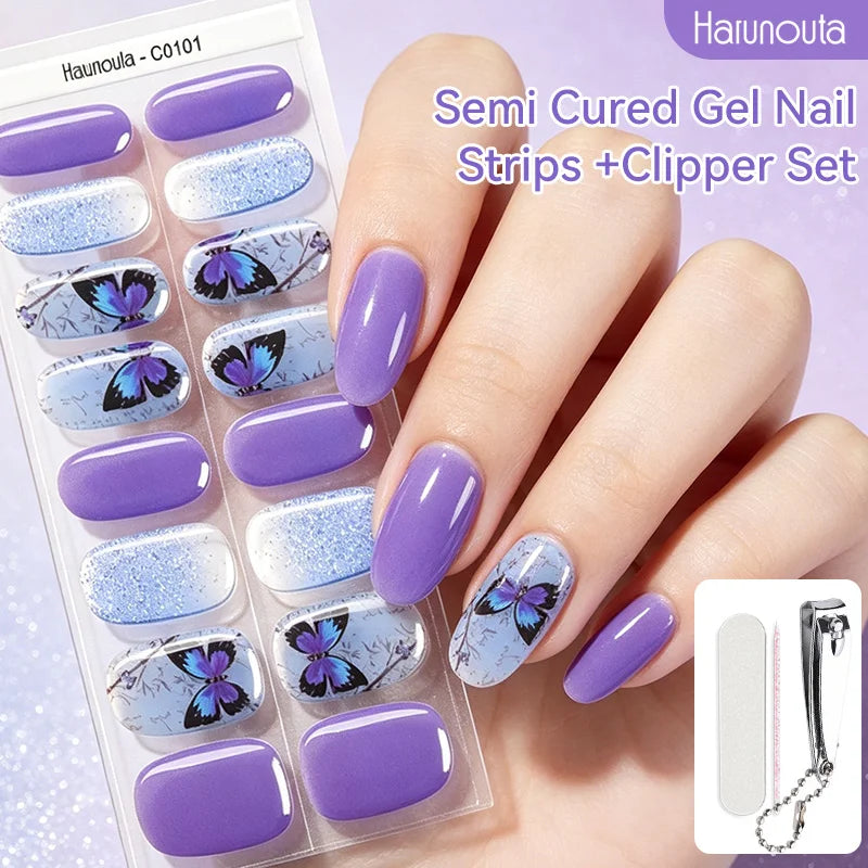 Harunouta 16strips Semi Cured Gel Nail Strips with Nail Clipper Set Self-Adhesive Glitter for Nails Work with UV/LED