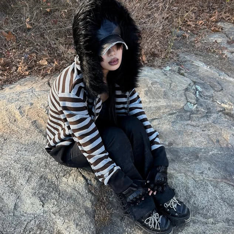 Goth Aesthetic Women Hoodie Harajuku Retro Y2K Emo Girl Fur Collar Cardigan Sweatshirt Rock Punk Hip Hop Casual Loose Streetw