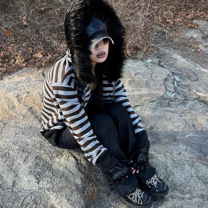 Goth Aesthetic Women Hoodie Harajuku Retro Y2K Emo Girl Fur Collar Cardigan Sweatshirt Rock Punk Hip Hop Casual Loose Streetw