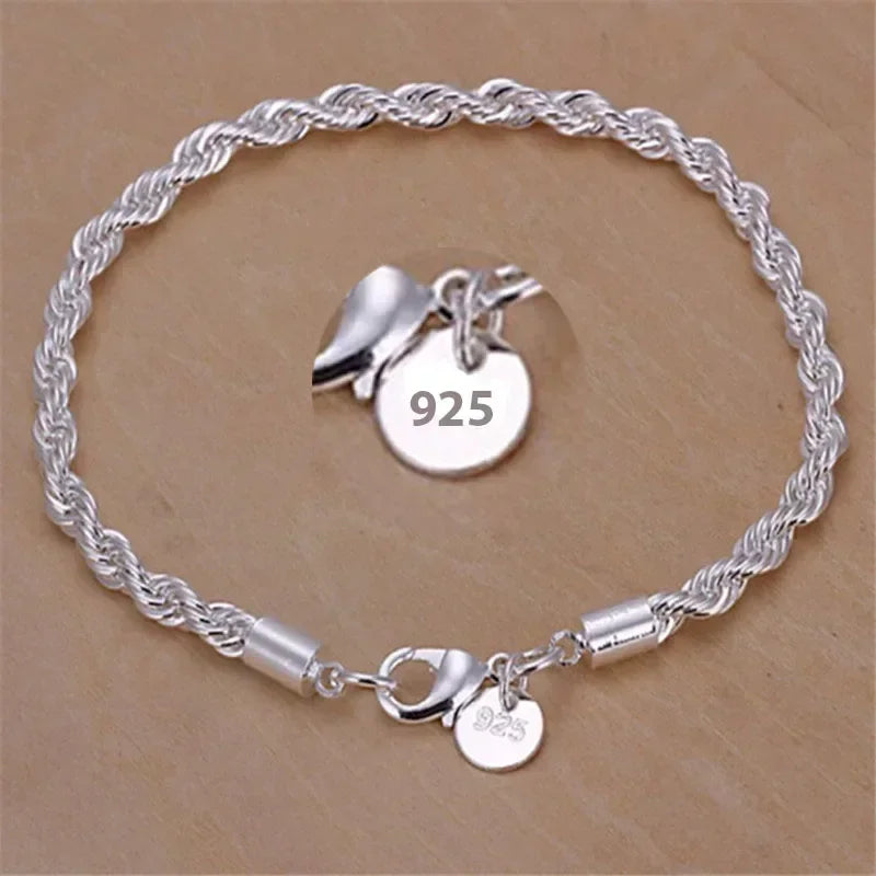 925 Sterling Silver Bracelet 4mm20cm Flat Side Chain Lobster Clasp For Woman Man Wedding Engagement Jewelry