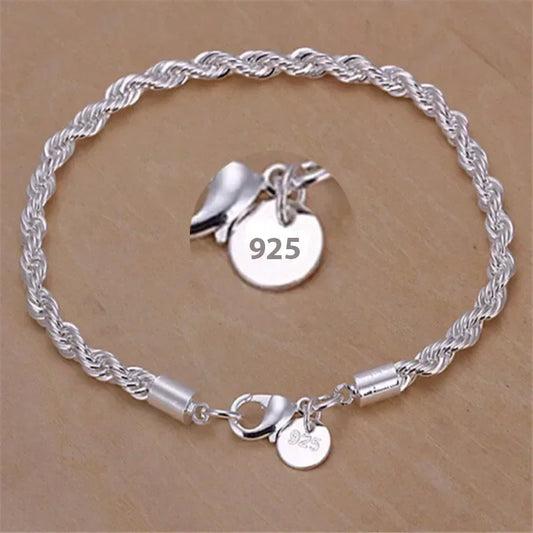 925 Sterling Silver Bracelet 4mm20cm Flat Side Chain Lobster Clasp For Woman Man Wedding Engagement Jewelry