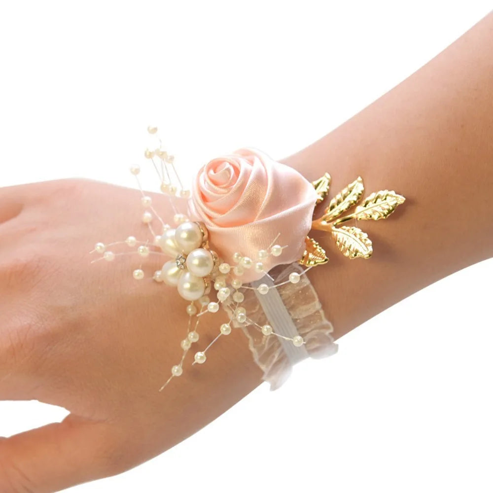 Bridesmaid Wrist Flowers Rose Corsage Pearl Polyester Ribbon Bracelet Wedding Accessories