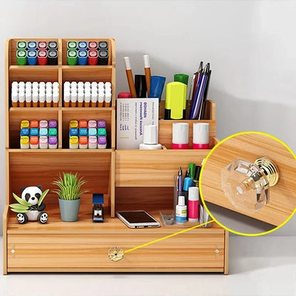 Wooden Desk Organiser DIY Desktop Tidy Pen Holder Large Capacity Stationery Storage Box with Drawer for Home Office and Schoo