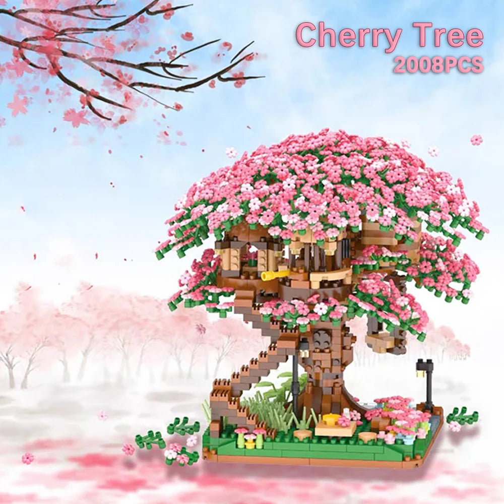 Sakura Tree Micro Blocks with LED Lights - Cherry Blossom Treehouse Model, 3D Romantic Night Glow Decor, Thoughtful Gift for 