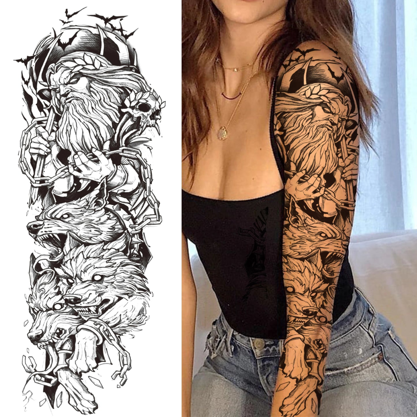 1 Sheets Wolf Lion Tiger Maori Temporary Tattoos For Men Women Adults Full Sleeve Arm Flower Rose Skull Tattoo Sticker Decor 
