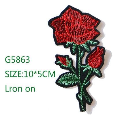 Rose with Leaves in Love Embroidered Iron on Patches for Clothing DIY Stripes Clothes Patchwork Sticker Custom Flowers Badges