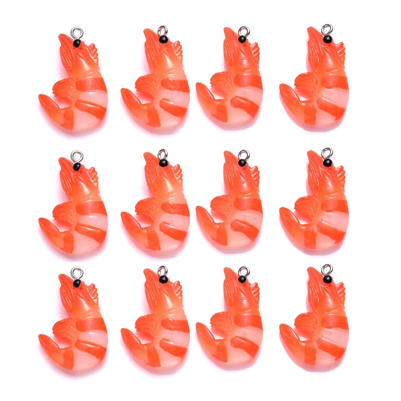 10Pcs Cute 3D Design Simulation Lobster Shrimp Resin Pendants Acrylic Cartoon Food Animal Charms for Jewelry Making Necklace