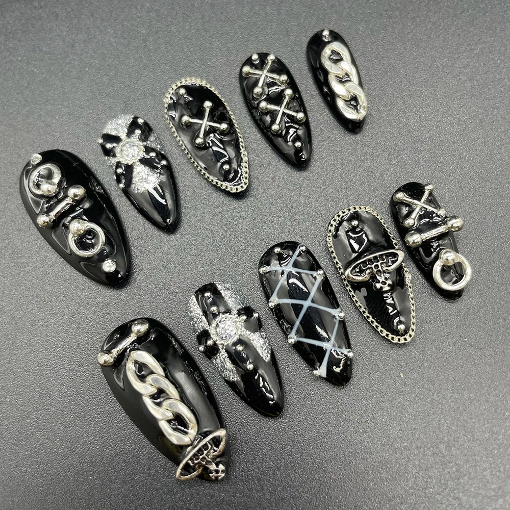 10Pcs Handmade Black Almonds Press On Nails Metal Chain Cool Fashion False Nail Reusable Full Cover Charm Nails Art