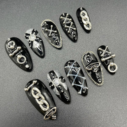 10Pcs Handmade Black Almonds Press On Nails Metal Chain Cool Fashion False Nail Reusable Full Cover Charm Nails Art
