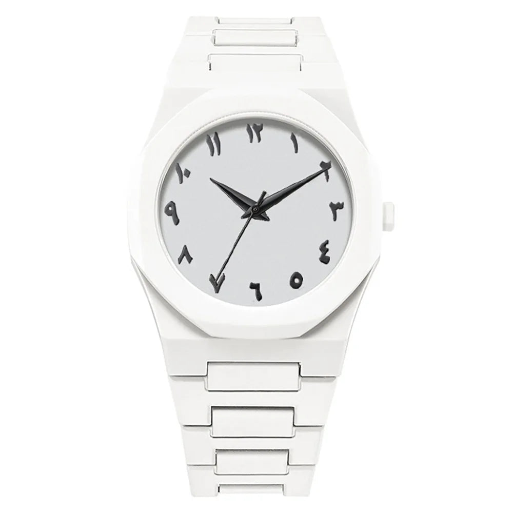 New Fashionable Men's Watch Simple Black Male Quartz Watches Arabic Digital Casual Drip Oil Strap - White