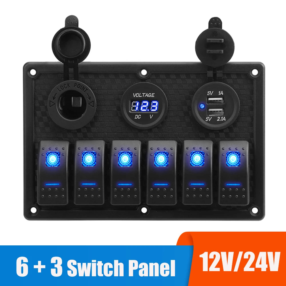 24V 12V 6 Buttons Switch Panel With Digital Voltmeter Tester USB Chargers 3.0 Light Toggle Car Power Adapter Marine Boat Cara
