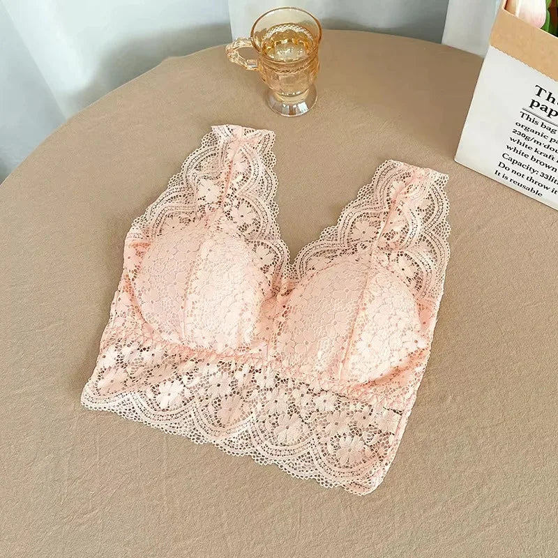 Lace Bras Top Women Deep V Neck Sexy Lingerie Wire Free Bra Tank Tops Female Underwear V Back Bralette Padded Camisole - Skin