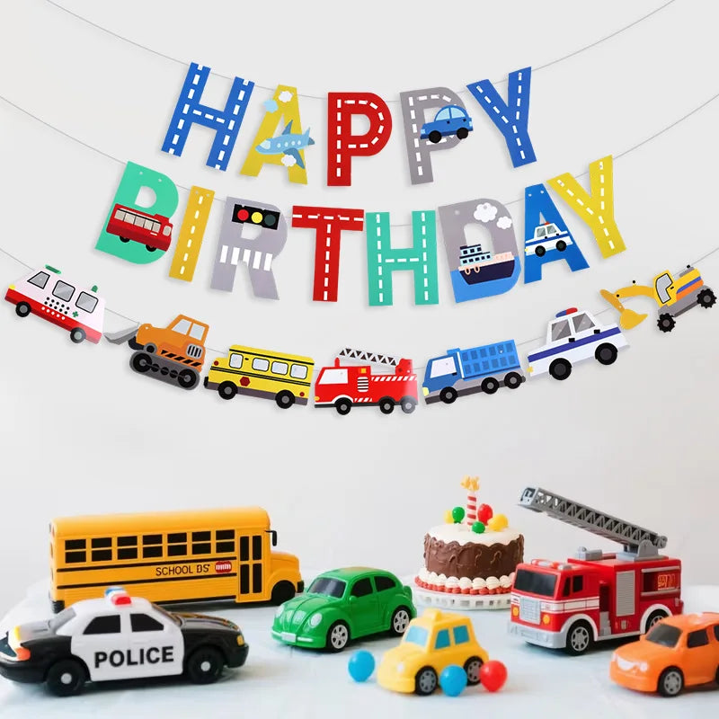 Cartoon Car Happy Birthday Banner Kids Boys Construction Vehicle Garland Birthday Party Decoration Favors Baby Shower Supplie